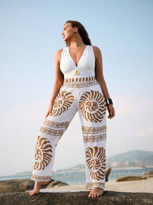 Conjunto Maiô Decote V Com Aviamento E Calça Plus Size