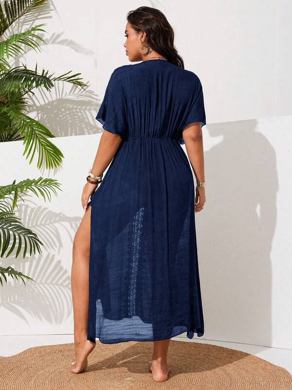 Saída De Praia Kaftan Longo Com Renda E Fenda Plus Size