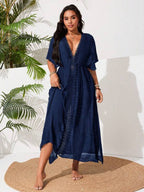 Saída De Praia Kaftan Longo Com Renda E Fenda Plus Size