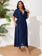 Saída De Praia Kaftan Longo Com Renda E Fenda Plus Size