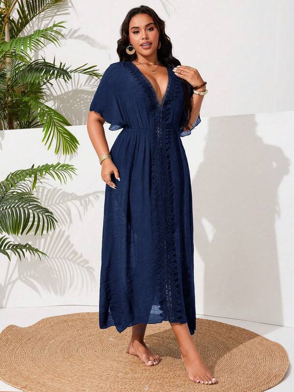 Saída De Praia Kaftan Longo Com Renda E Fenda Plus Size