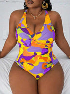 Maiô Frente Única Franzido Estampado Resort Plus Size