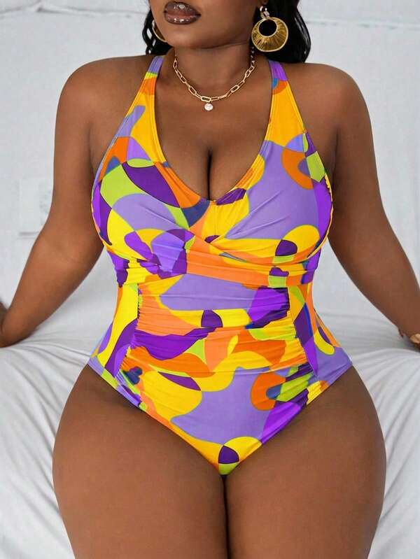 Maiô Frente Única Franzido Estampado Resort Plus Size