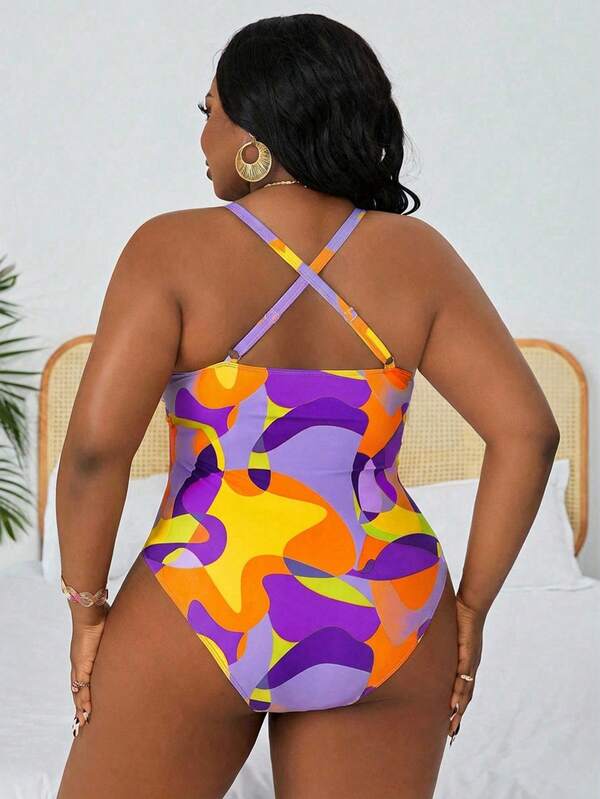 Maiô Frente Única Franzido Estampado Resort Plus Size