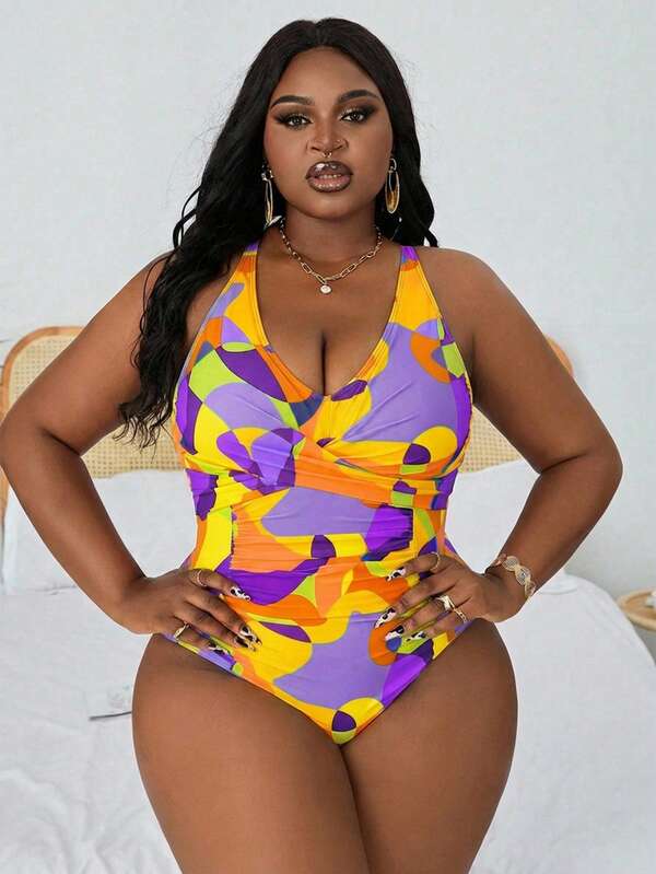 Maiô Frente Única Franzido Estampado Resort Plus Size