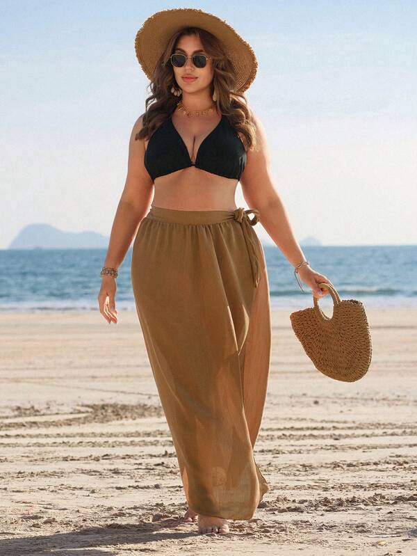 Saída De Praia Pareô Longo Com Amarração E Fenda Plus Size
