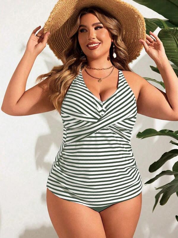 Tankini Decote V Transpassado Drapeado Alongado Plus Size