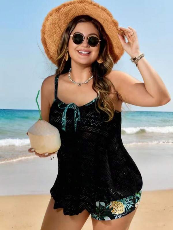 Tankini Alças Finas Com Amarração Alongado Solto Plus Size