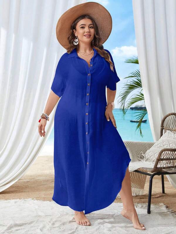 Saída De Praia Chemise Longa Com Botões Resort Plus Size
