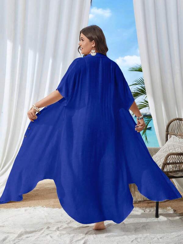 Saída De Praia Chemise Longa Com Botões Resort Plus Size