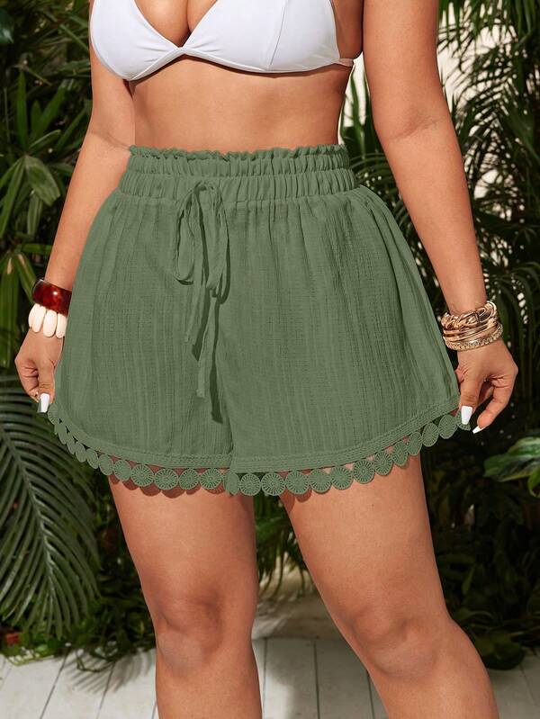 Saída De Praia Short Texturizado Com Amarração E Guipir Plus Size