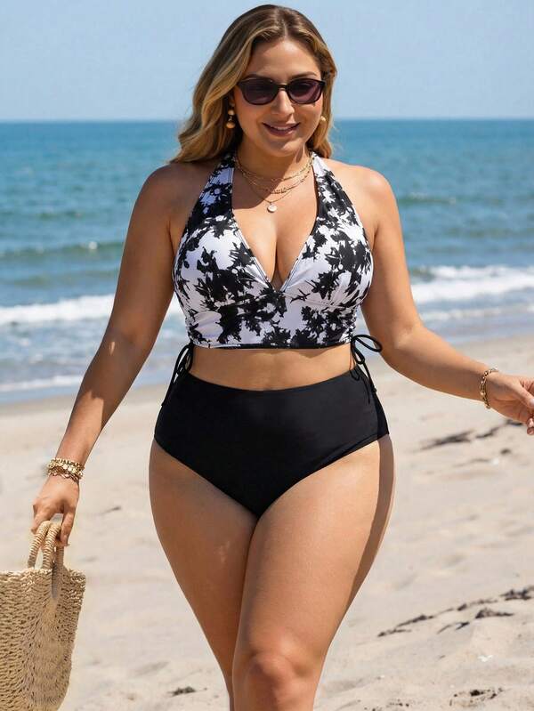 Biquíni Frente Única Cintura Alta Estampado m Cima Plus Size