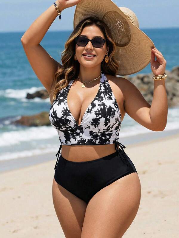 Biquíni Frente Única Cintura Alta Estampado m Cima Plus Size