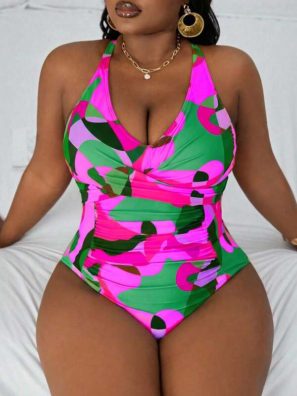 Maiô Frente Única Franzido Estampado Resort Plus Size