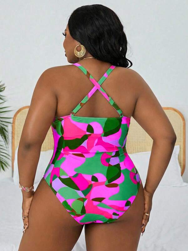 Maiô Frente Única Franzido Estampado Resort Plus Size