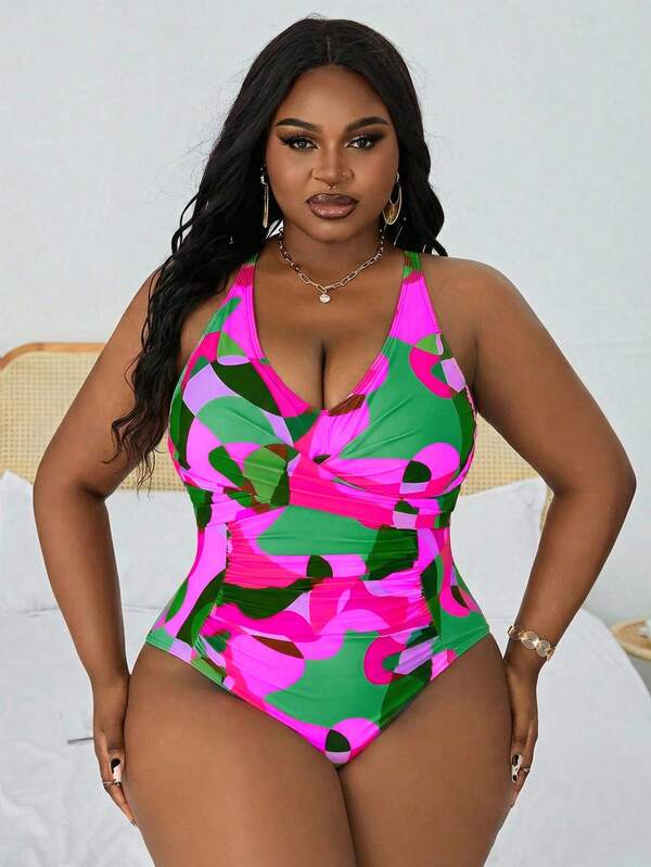 Maiô Frente Única Franzido Estampado Resort Plus Size