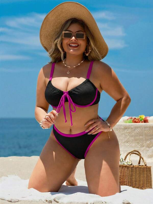 Biquíni Meia Taça Com Amarração Frontal Canelado Plus Size