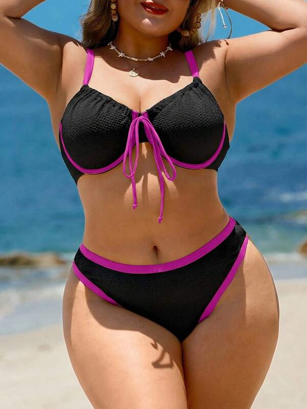 Biquíni Meia Taça Com Amarração Frontal Canelado Plus Size