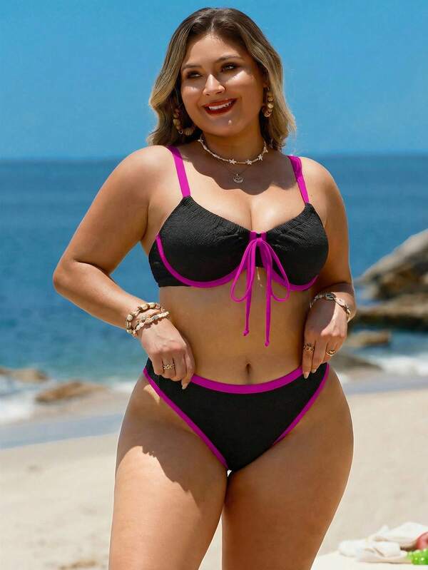 Biquíni Meia Taça Com Amarração Frontal Canelado Plus Size