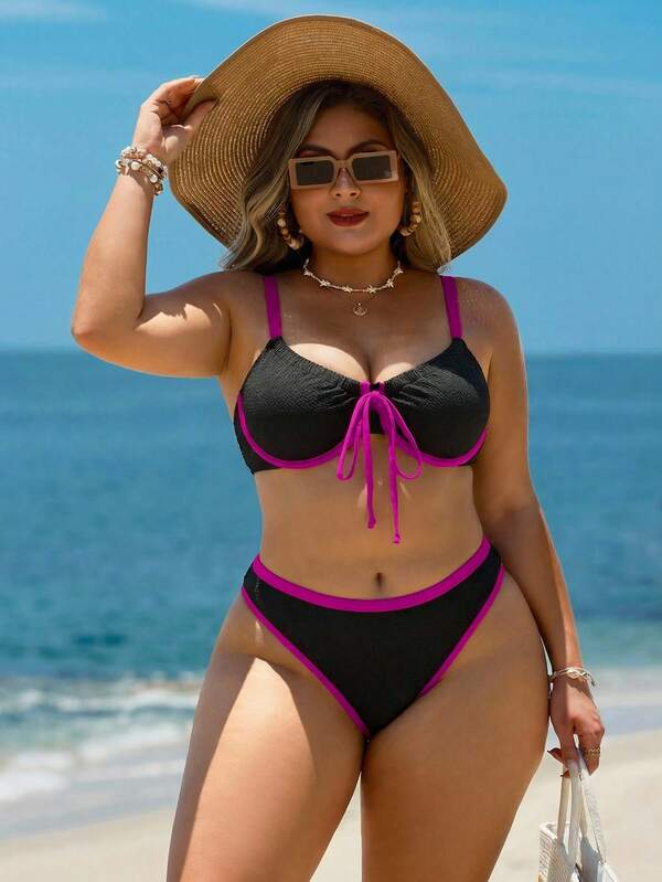 Biquíni Meia Taça Com Amarração Frontal Canelado Plus Size
