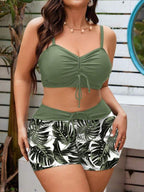 Conjunto Franzido Estampado Tropical Com Short Curto Plus Size