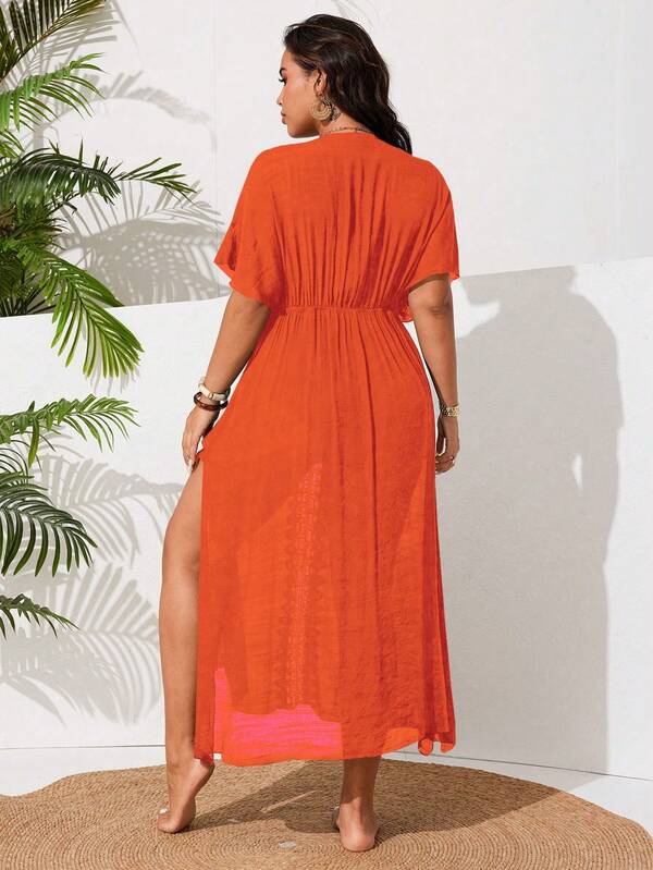 Saída De Praia Kaftan Longo Com Renda E Fenda Plus Size