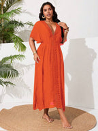 Saída De Praia Kaftan Longo Com Renda E Fenda Plus Size