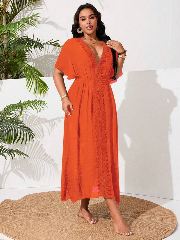 Saída De Praia Kaftan Longo Com Renda E Fenda Plus Size