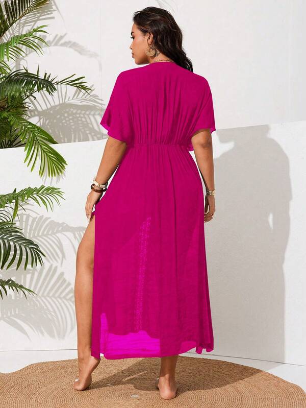 Saída De Praia Kaftan Longo Com Renda E Fenda Plus Size