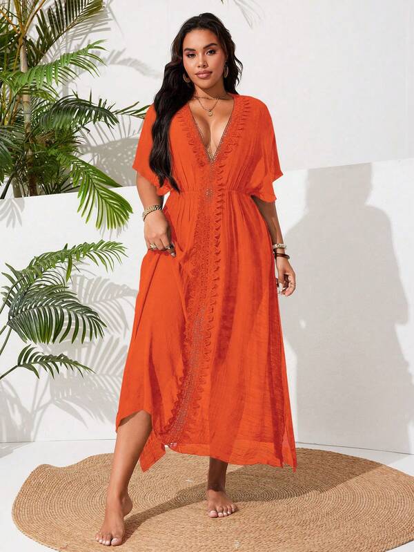 Saída De Praia Kaftan Longo Com Renda E Fenda Plus Size
