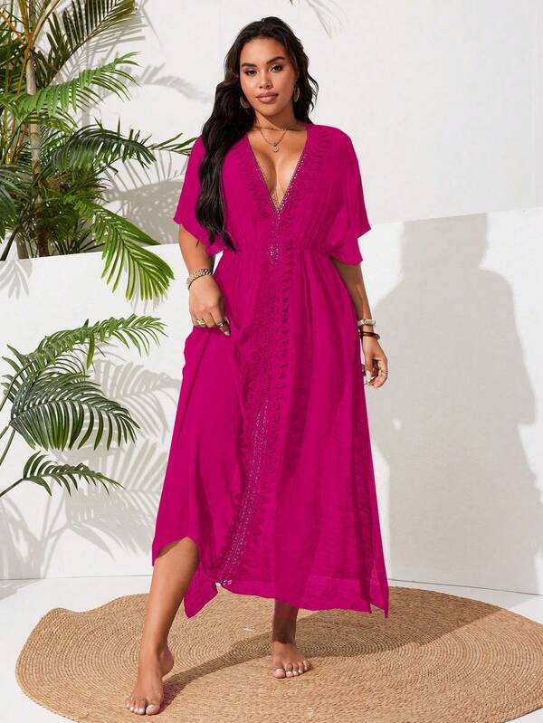 Saída De Praia Kaftan Longo Com Renda E Fenda Plus Size