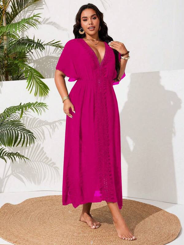 Saída De Praia Kaftan Longo Com Renda E Fenda Plus Size