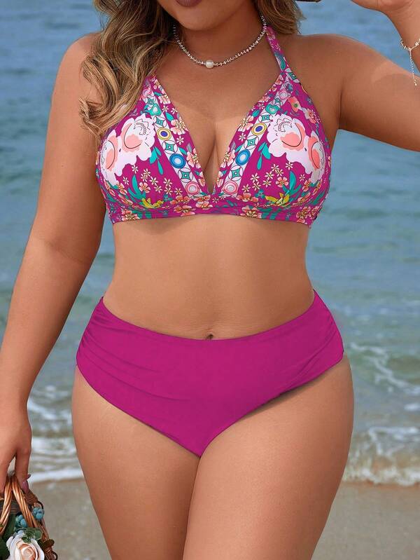 Biquíni Frente Única Cintura Alta Estampado Floral Plus Size