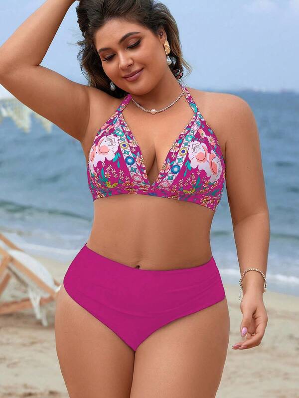 Biquíni Frente Única Cintura Alta Estampado Floral Plus Size