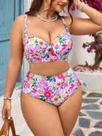 Biquíni Cintura Alta Franzido Estampado Floral Plus Size