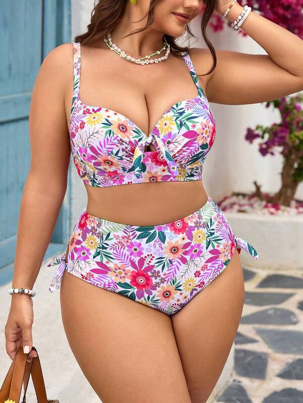Biquíni Cintura Alta Franzido Estampado Floral Plus Size