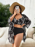 Conjunto Cintura Alta Estampado Tropical Com Saída Plus Size