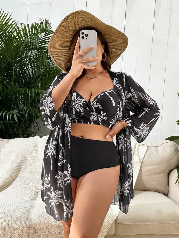 Conjunto Cintura Alta Estampado Tropical Com Saída Plus Size