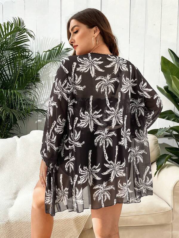 Conjunto Cintura Alta Estampado Tropical Com Saída Plus Size