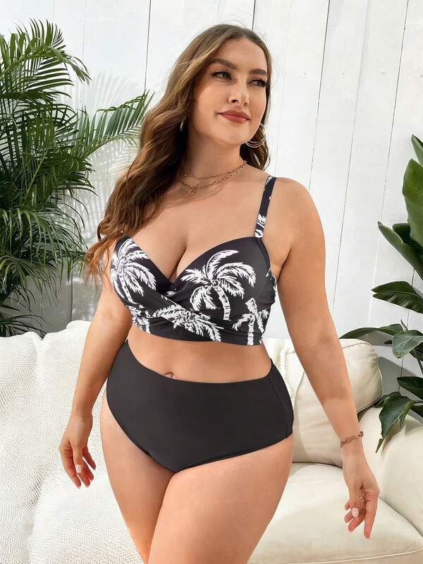 Conjunto Cintura Alta Estampado Tropical Com Saída Plus Size