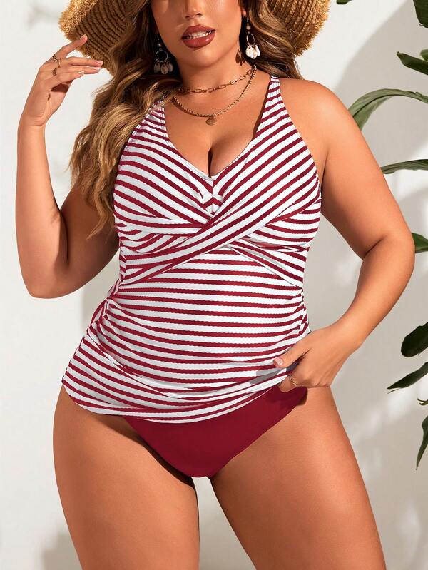 Tankini Decote V Transpassado Drapeado Alongado Plus Size