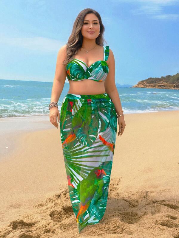 Conjunto Meia Taça Estampado Folhagem Com Saída Plus Size