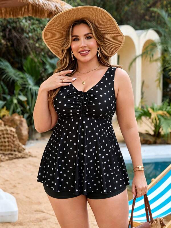 Tankini Decote Redondo Franzido Com Amarração Plus Size