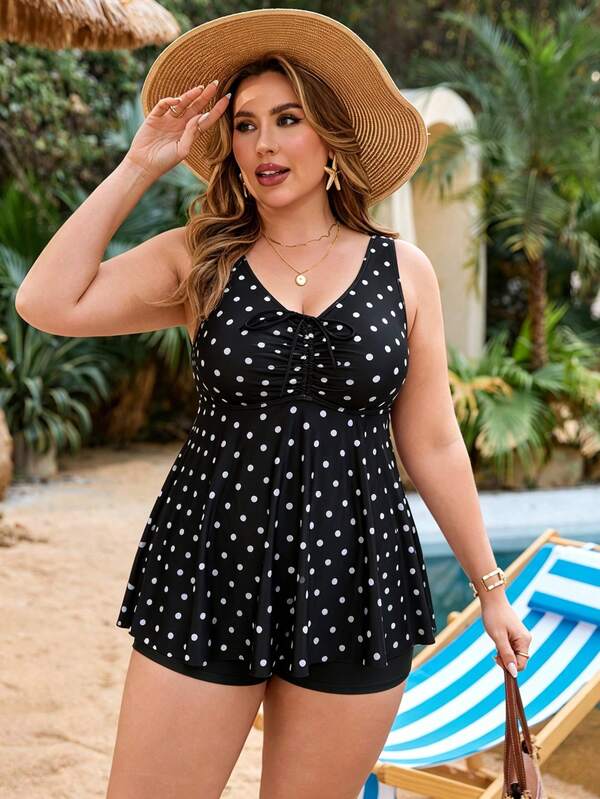 Tankini Decote Redondo Franzido Com Amarração Plus Size