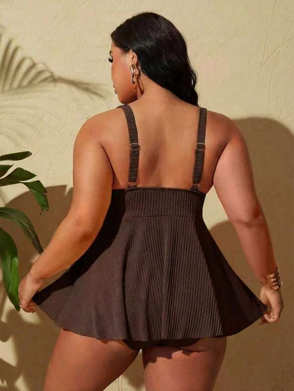 Tankini Decote V Canelado Transpassado Alongado Plus Size