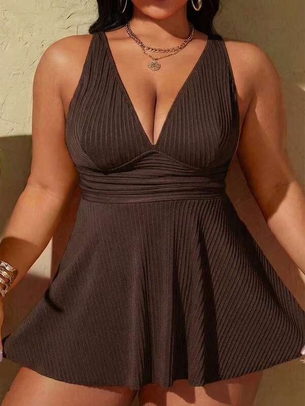 Tankini Decote V Canelado Transpassado Alongado Plus Size