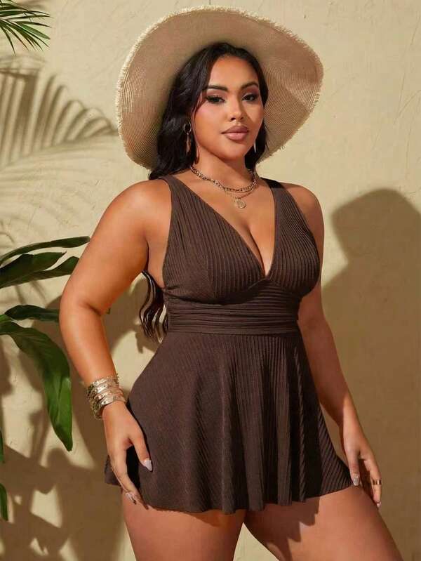 Tankini Decote V Canelado Transpassado Alongado Plus Size