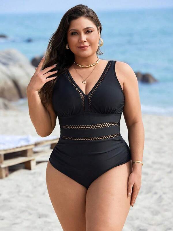 Maiô Decote V Transparência Modelador Clássico Plus Size