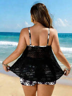 Conjunto Renda Vazada Estampado Tropical Com Shorts Plus Size