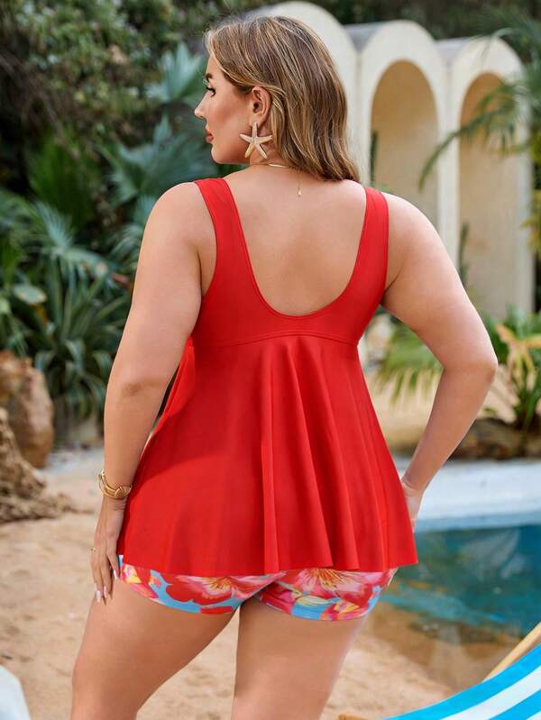 Tankini Decote Redondo Franzido Com Amarração Plus Size